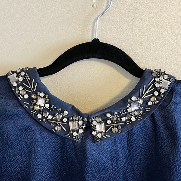 Club Monaco Silk Navy Blue Short Sleeve Mini Dress with Statement Collar - Picture 4 of 12